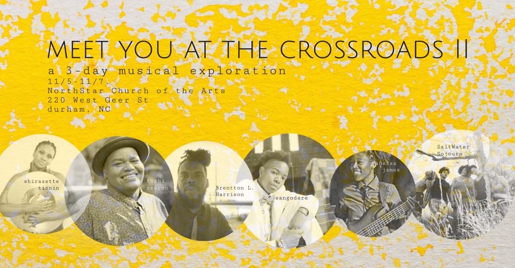 Flyer for Meet You at the Crossroads II with black and white photos of six presenting artists.