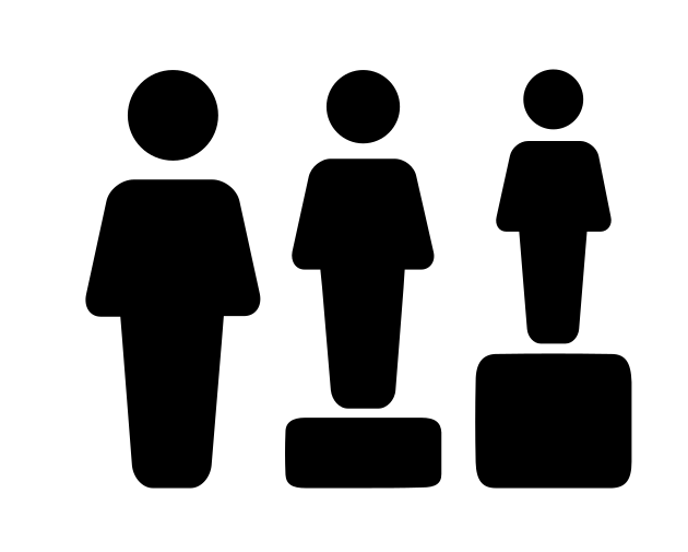 Icon of three people standing next to each other, with two on blocks to all be the same height.